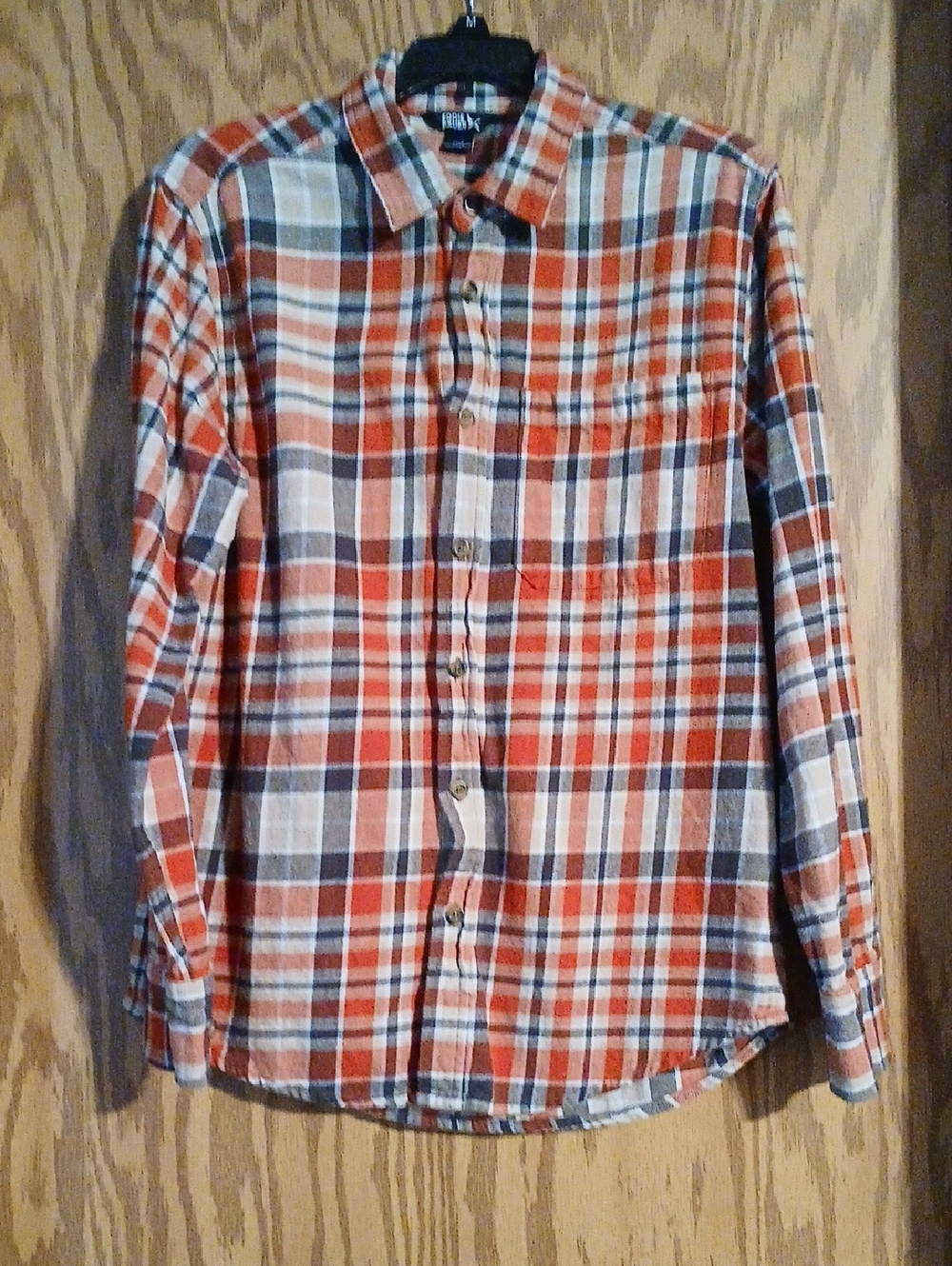 Mens Eddie Bauer Orange and Cream Plaid Flannel Button-Down Shirt